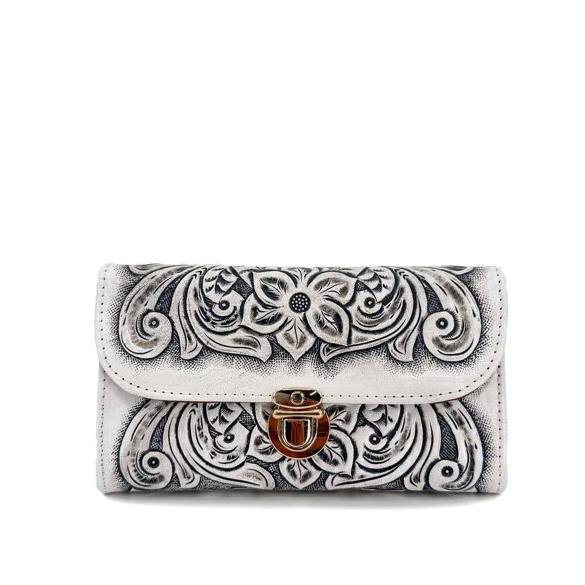 Hand-tooled Leather Wallet Clutch - Floral White – Roman Boots TX RB