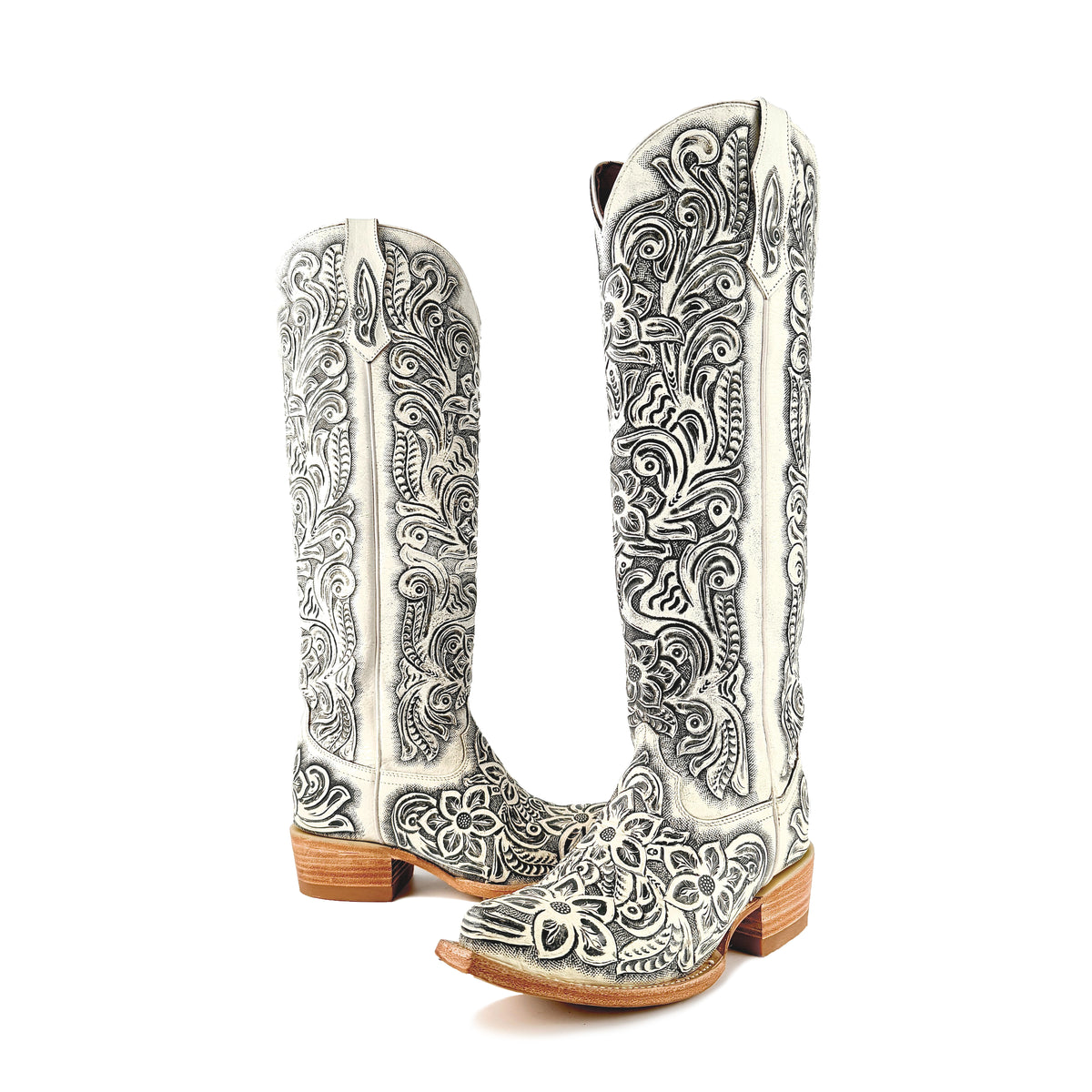 Women's Hand-Tooled White Tall Cowgirl Boots – Roman Boots TX RB