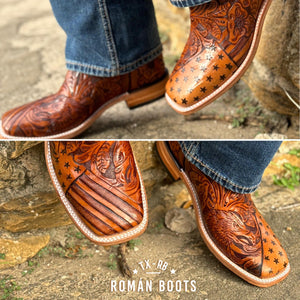 Men's Bulldog Hand Tooled Boots - American Flag w/ Bald Eagle