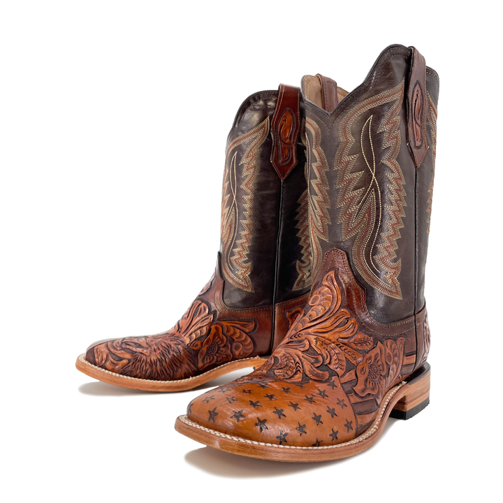 Men s Bulldog Hand Tooled Boots American Flag w Bald Eagle 10.5 D Regular