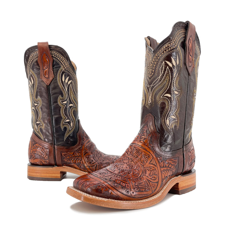 Men's Bulldog Hand Tooled Boots - Aztec Calendar Bitone