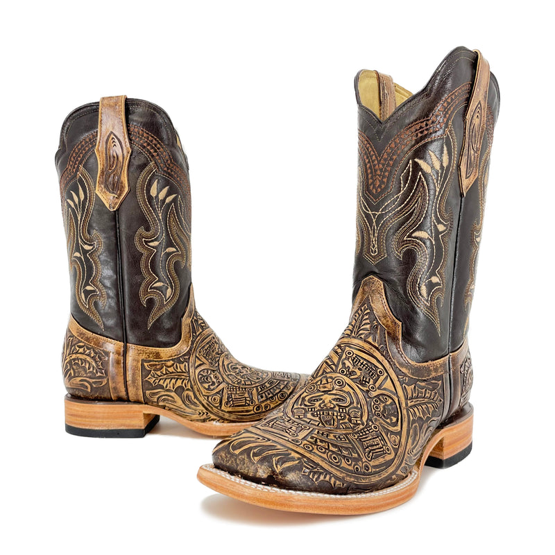 Men's Bulldog Hand Tooled Boots- Aztec Calendar Rustic – Roman