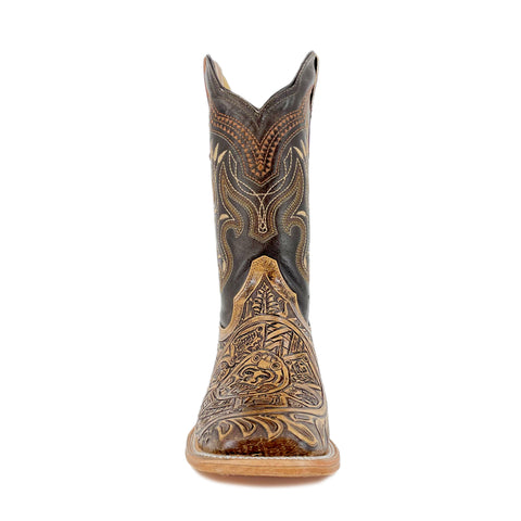 Men's Bulldog Hand Tooled Boots- Aztec Calendar Rustic – Roman