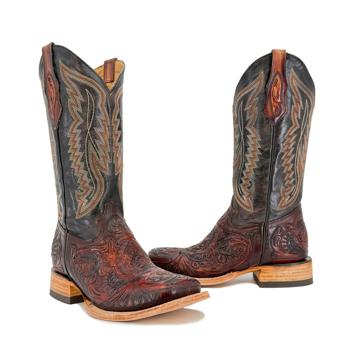 Women's Bulldog Hand Tooled Boots - Old Leaf Cognac