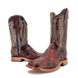 Men Bulldog Hand Tooled Boots - Old Leaf Cognac