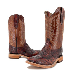 Men Bulldog Hand Tooled Boots - Old Leaf Cognac