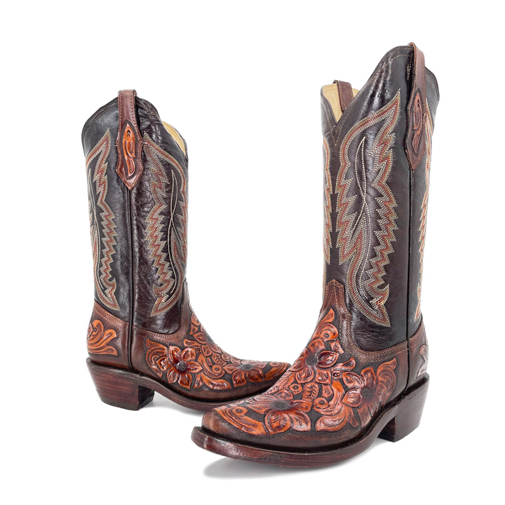 Women’s Brown Hand-Tooled Leather Boots with Red and Beige Floral Embroidery 5