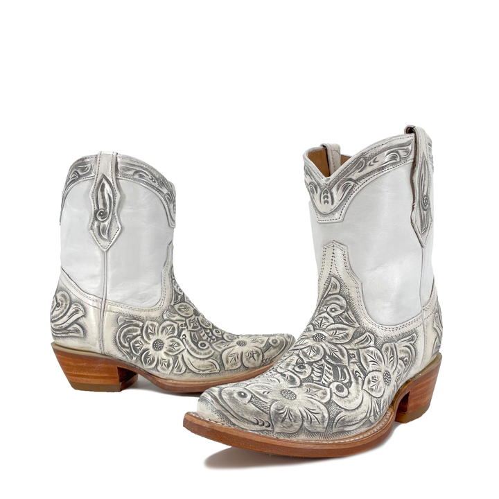 Women's Western Handtooled Boots - Floral White