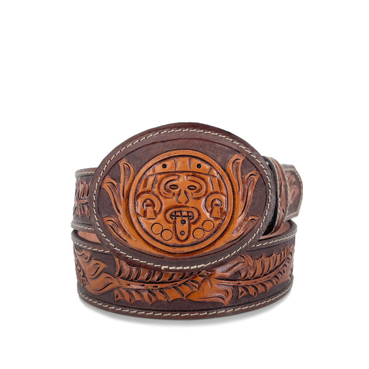 Men's Hand Tooled Belt - Aztec Calendar Bitone