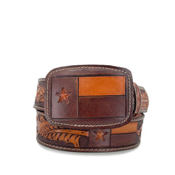 Men's Hand Tooled Belt - Texas Flag Bitone