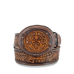 Men's Hand Tooled Belt - Aztec Calendar Bitone