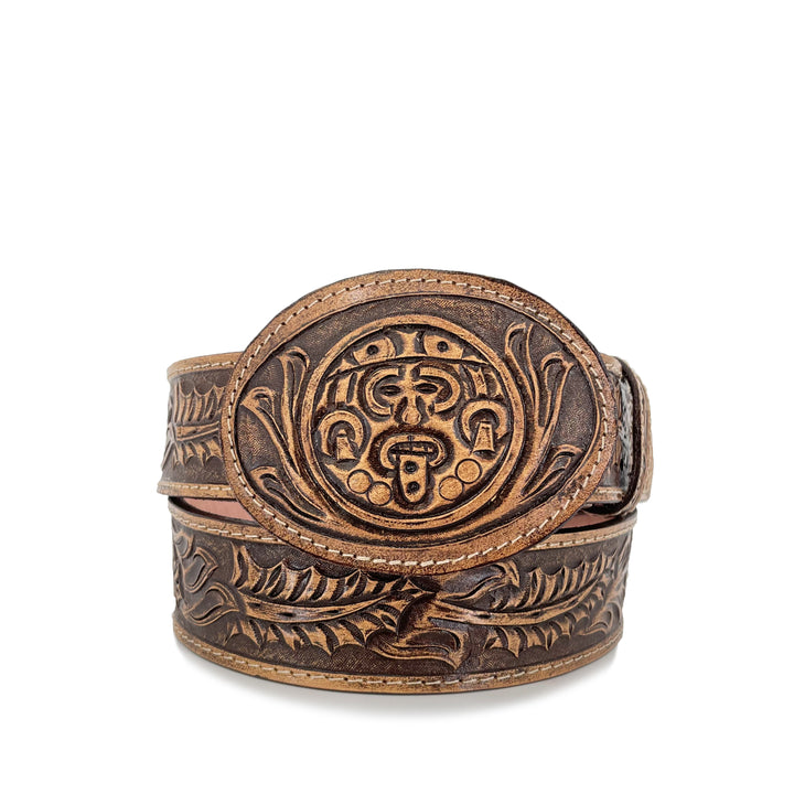 Men's Hand Tooled Belt - Aztec Calendar Rustic