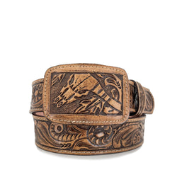 Men's Hand Tooled Belt - Long Horn Rustic