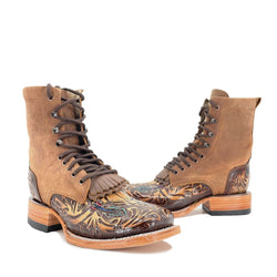Women's Lace Up Handtooled Boots - Long Horn
