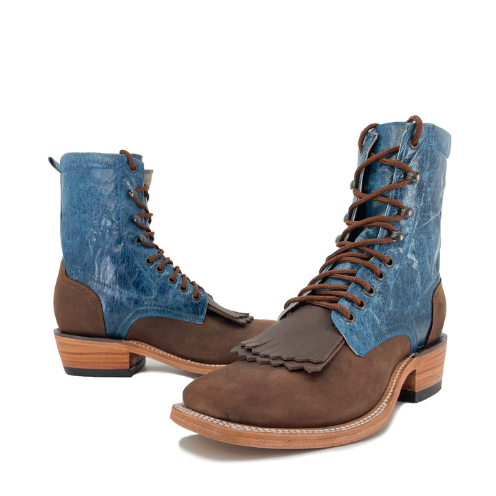 Lace Up Western Men's  Boots - Dark Brown Vamp with Turquoise Calf