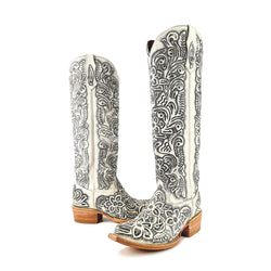 Women’s Hand-Tooled White Tall Cowboy Boots (Presale)