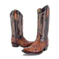 Women's Texan Handtooled Boots - Floral Bitone